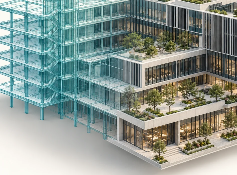 Illustrative structural grid and facade of a fictional building